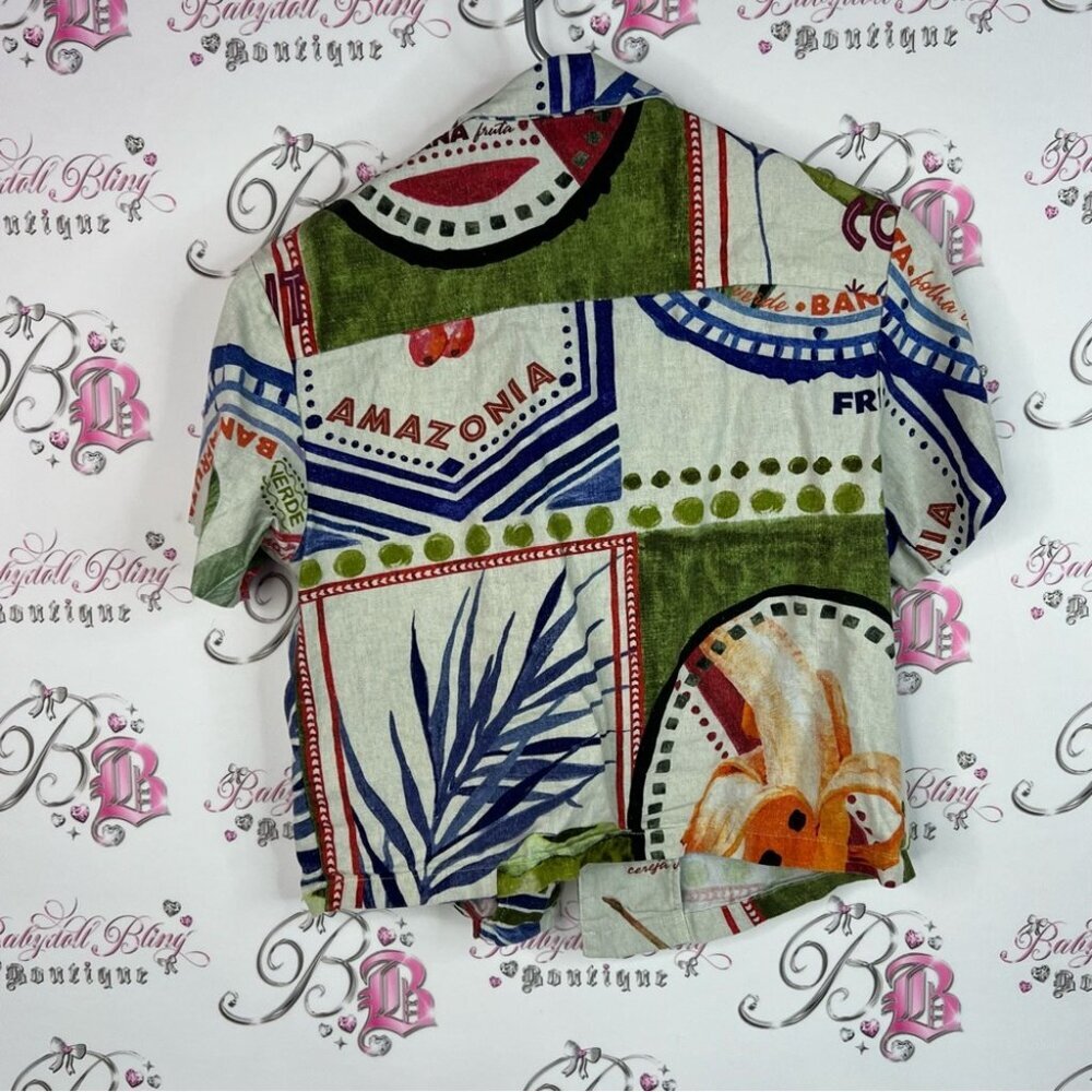 Rachel Zoe button up stamp style travel fruit food Multicolor Graphic Shirt - Picture 2 of 8
